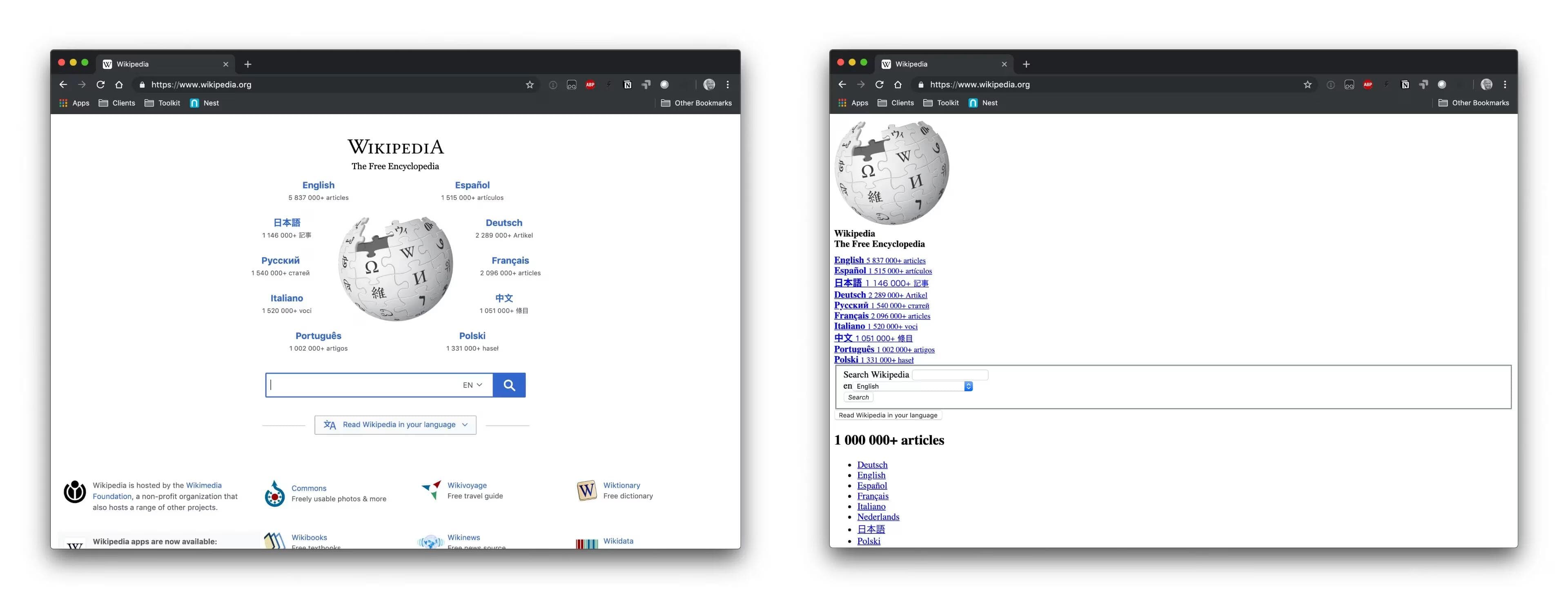 Comparing of Wikipedia webiste by with CSS and without CSS